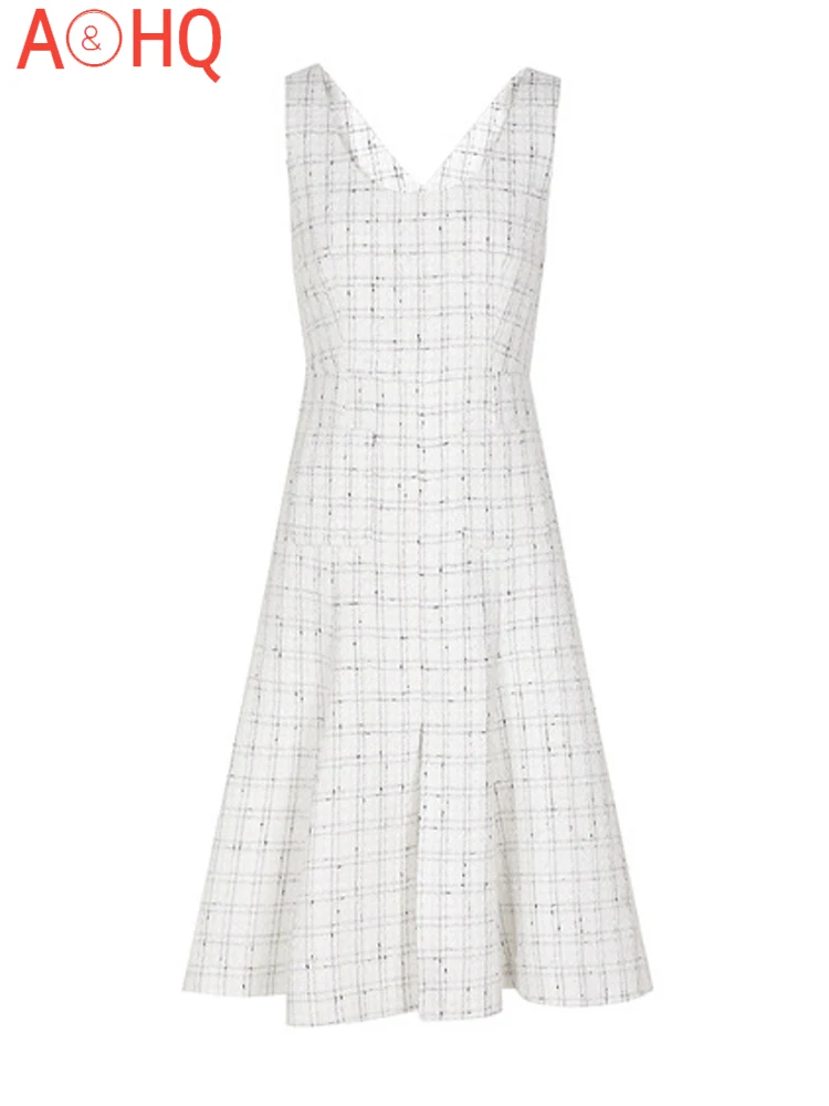 

White plaid tweed dress sleeveless 2021 spring / autumn women's dress tassel ladies slim bottoming dress one-piece