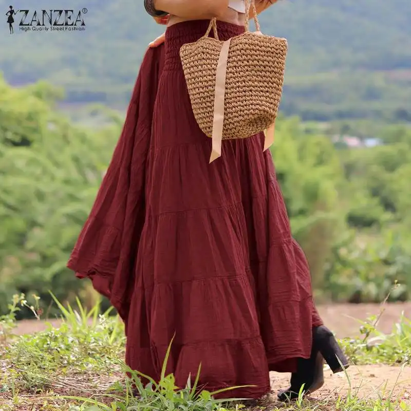 Осенняя однотонная Праздничная юбка ZANZEA с эластичным поясом женские длинные