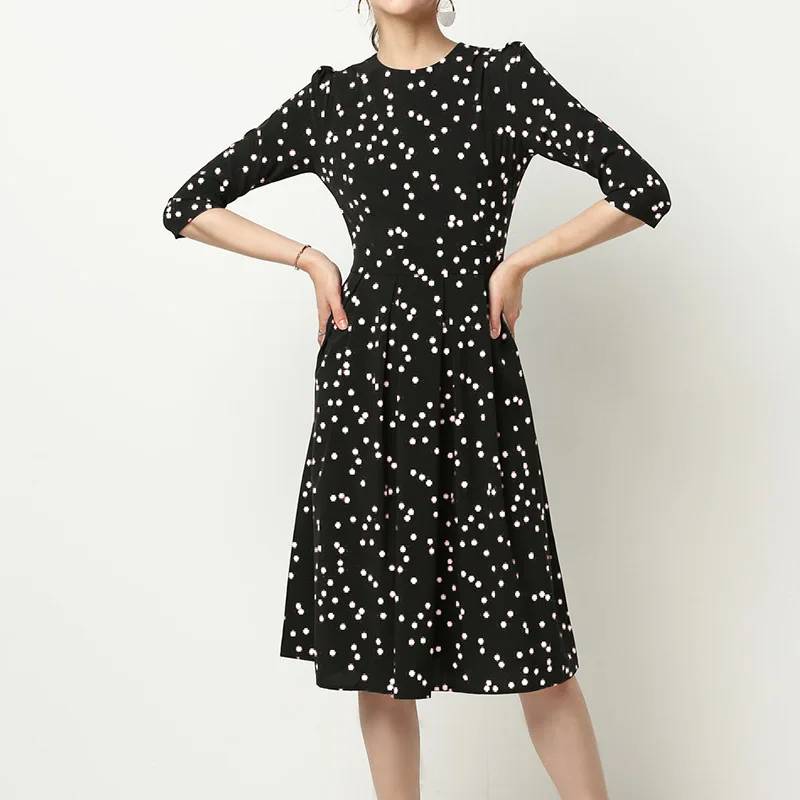 

Black Dress Women Spring Summer 2021 Three Quarter Sleeve Dot Print Midi Casual Dresses Lolita Elegant Clothes Vestito Da Donna