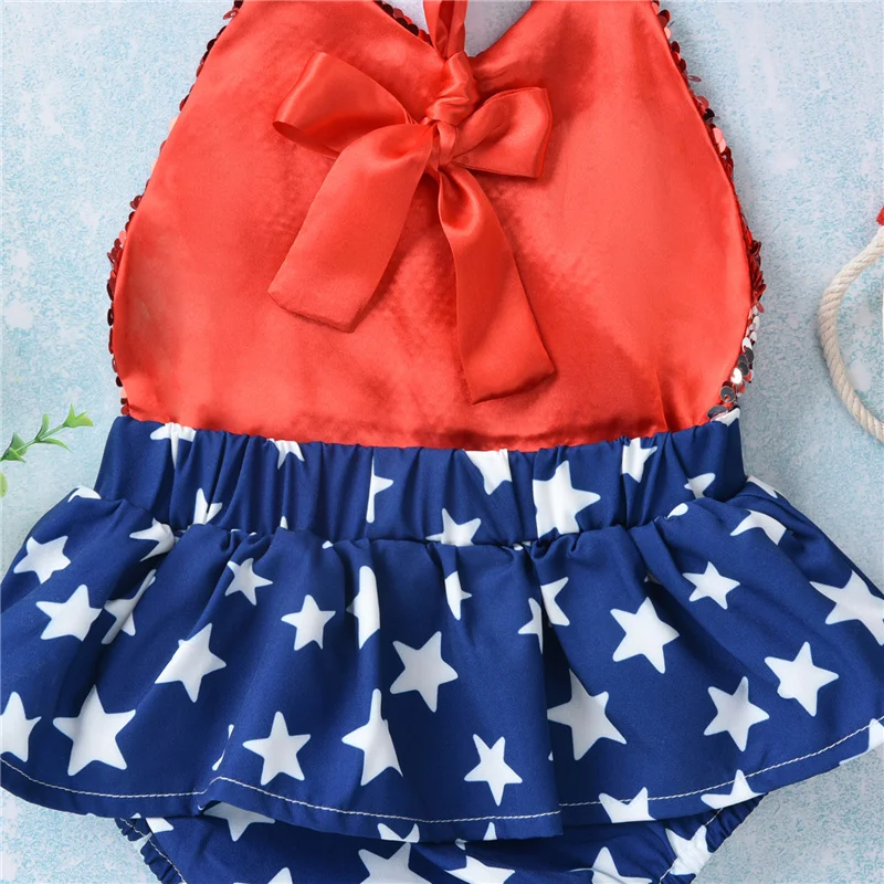 

0-12Month Baby Girls Star Print Romper Dress with Sequins,Newborn Children Girls Summer Sleeveless V-neck Lace-up Short Jumpsuit