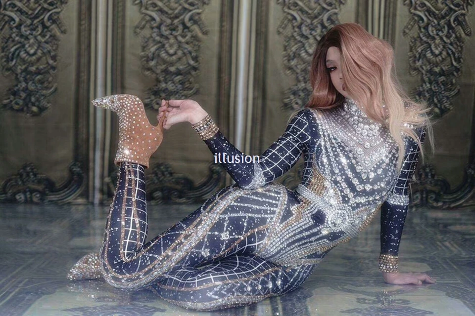 Блестящий женский комбинезон со стразами вечерние костюмы для ночного клуба