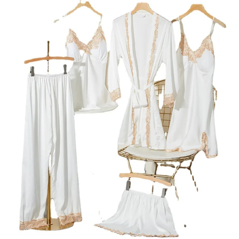 

Ice silk pajama set female five sexy lace leisurewear suit condole belt nightgown