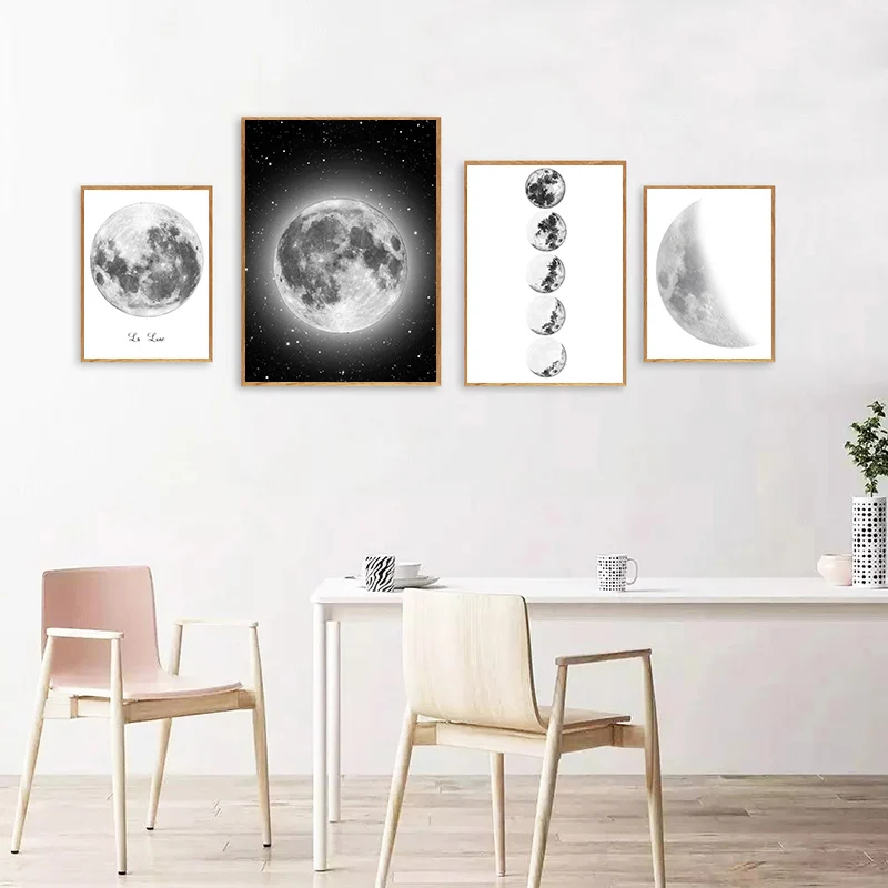 Минималистичная полнофазная Печать на холсте черно-белый постер La Luna настенные