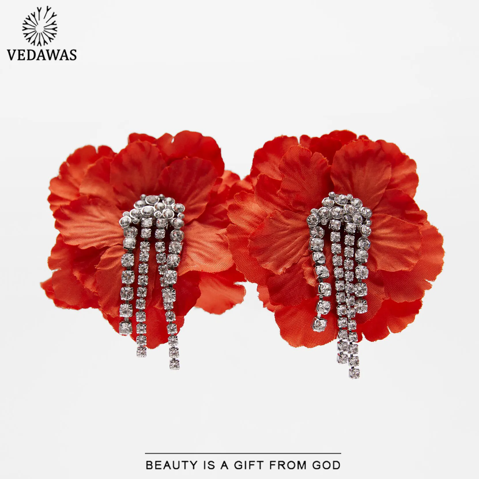 

Vedawas Korean Red Lace Flower Floral Earrings for Women Cute Crystal Shiny Fresh Stud Earrings Wedding Jewelry Gifts Wholesale