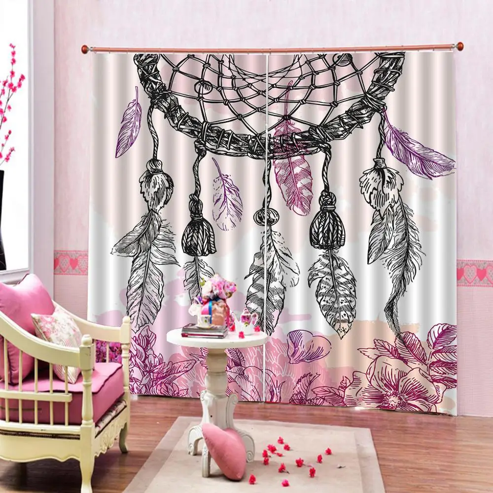 

Black Feather Curtains Watercolor Vibrant Dream Catcher with Ornamental Elements Flowers Design Window Drapes