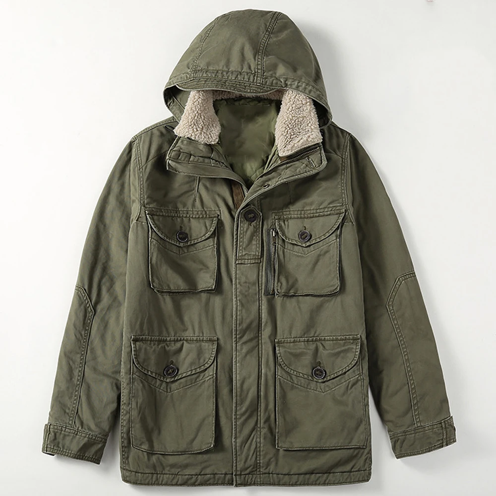 Trench Coat Cotton Padded Hooded Down Coats Men Winter Woolen Collar Camouflage Jacket Windbreaker Military Coat Man Clothing