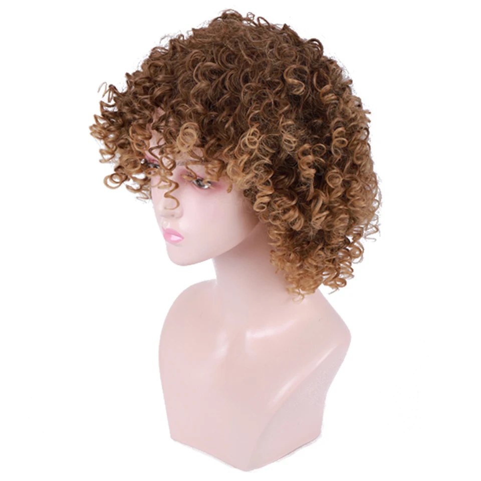 MUMUPI Fashion 12 Inch Synthetic hair wig Brown Hair Afro Kinky Curly Pre Plucked Wig with Bangs for Black Women