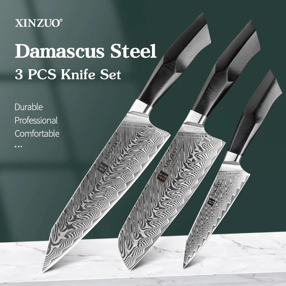 

XINZUO 3PCS Set VG10 67 Layers Janpanse Damascus Steel Stainless Steel Utility Santoku Chef Knife Kitchen Sets Meat G10 Handle