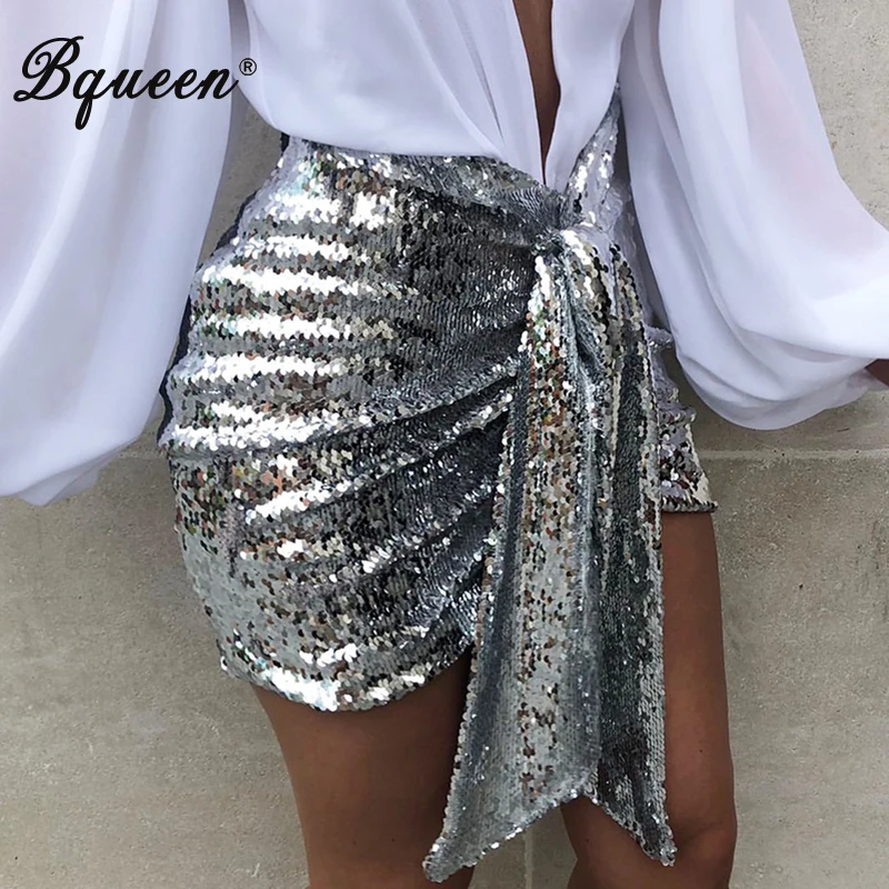 

Bqueen 2019 New Sexy Pencil Bodycon Skirt Sequined Lace Up Irregular Hem Fashion Mini Skirt