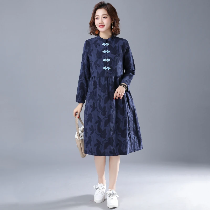 

Ethnic Style Retro Frog Cotton and Linen Long-Sleeved Dress 2021 Spring High Waist Slimming Youthful-Looking Jacquard Midi Dress