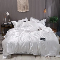 lace pure satin silk bedding set adult luxury duvet covers with pillowcase single double queen king bed sheet bedclothes white