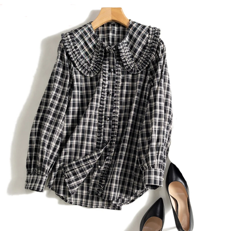 

Original Design Plaid Shirts Women 2021 Ruffles Big Lapel Checked Long Sleeve Button Up Blouse Female Retro Chic Frills Tops