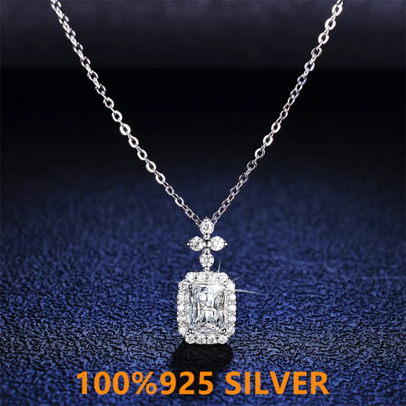 

1 Carat Real Moissanite Pendant Necklace For Women Top Quality 925 Sterling Silver Wedding Party Geometric rectangleFine Jewelry