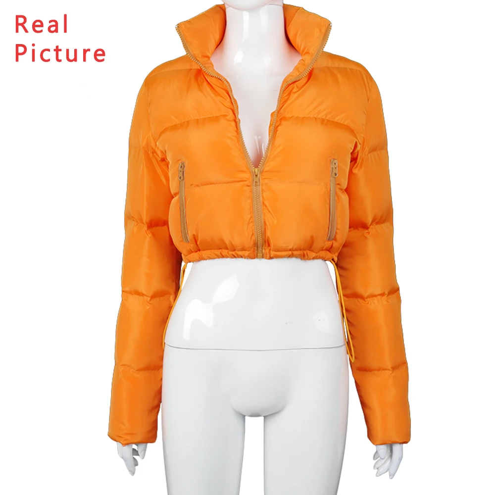 

Bubble Coat Women Cropped Puffer Jacket Stand Neck Zipper Up Pockets Plus Size Winter Jacket Women Drawstring Waist