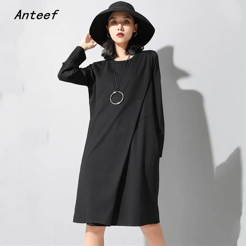 Женское повседневное свободное платье миди с длинным рукавом размера плюс