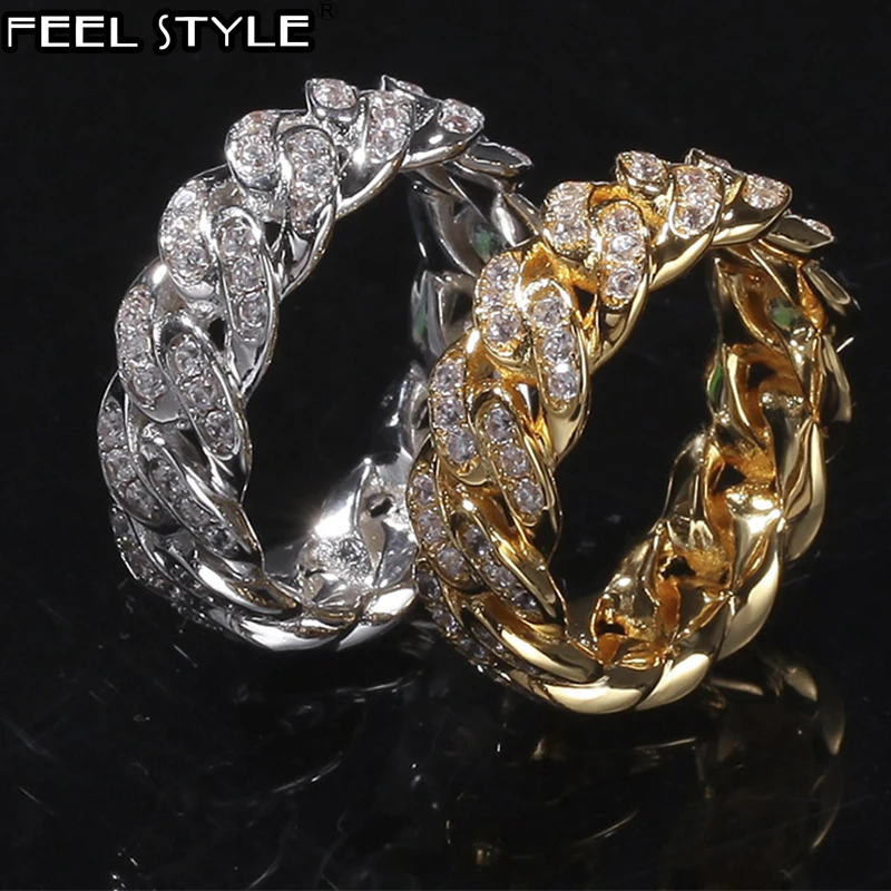 Популярное Сверкающее кольцо из кубинской цепи с цирконом для мужчин и женщин