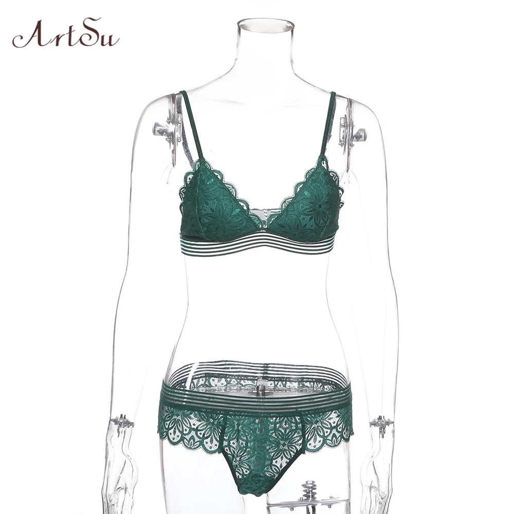 ArtSu Neon Green Lace нижнее белье комплект части на завязках сексуальный бюстгальтер и