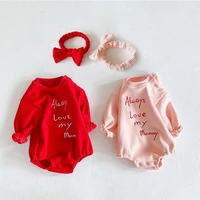2021 autumn and winter baby jumpsuit velvet female baby letter round neck long sleeve jumpsuit with lovely butterfly hair band