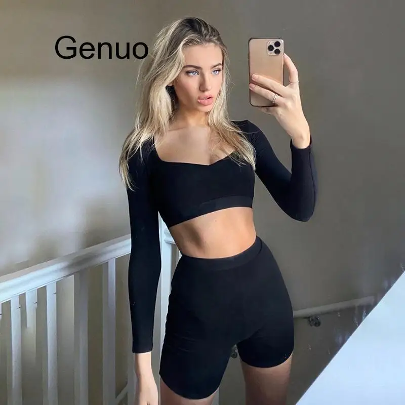 Two Pieces Casual Tracksuit Women Set Black Plus Size Long Sleeve Crop Top And Shorts Set Party Club Two Piece Outfits