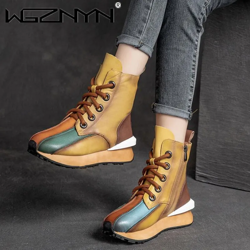 

Женские ботильоны на платформе, кожаные ботинки смешанных цветов, удобные короткие ботинки на массивной подошве для осени и зимы