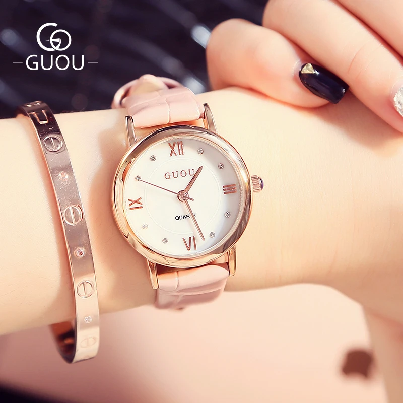 

GUOU Gold Plated Women Watches Waterproof Roman Numeral Scale Simple Female Quartz Clocks Ladies Wristwatches Leather Strap Gift