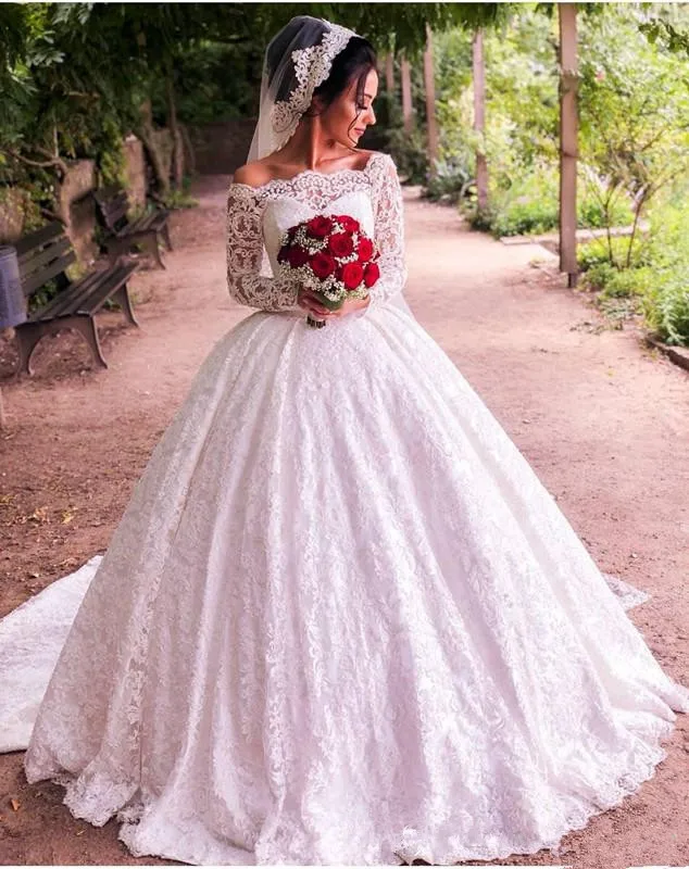 Saudi Arabic Vintage Ball Gown Lace Wedding Dresses 2020 Luxury Off Shoulder chapel Train Bridal Gowns Vestidos De Novia | Свадьбы и