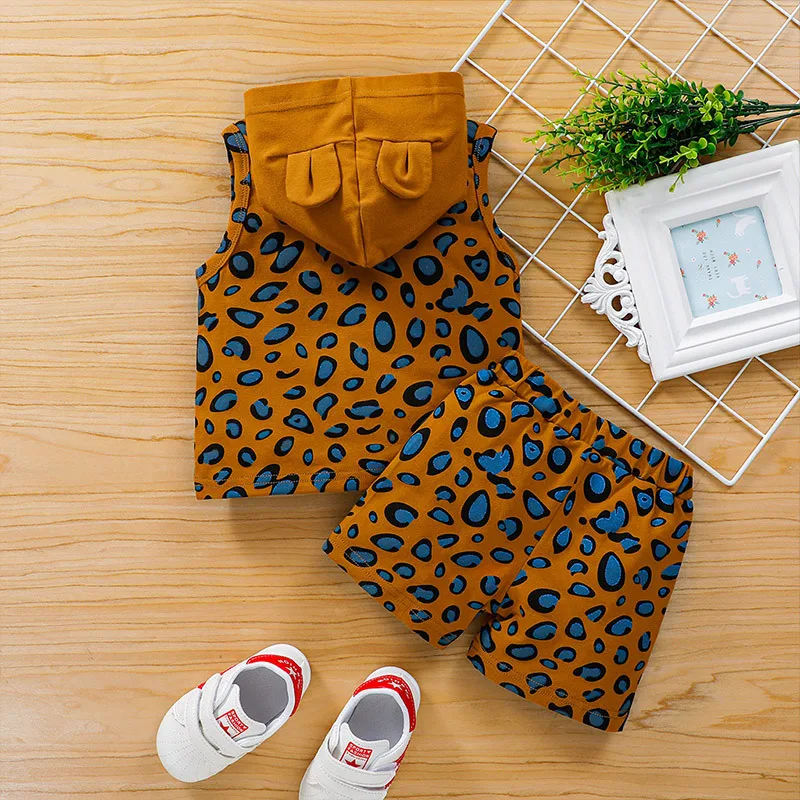 

Fashion Kids Leopard Print Two-piece Baby Korean Style Hooded Shorts Set Hot Selling Simple and Fashionable Children's Clothing