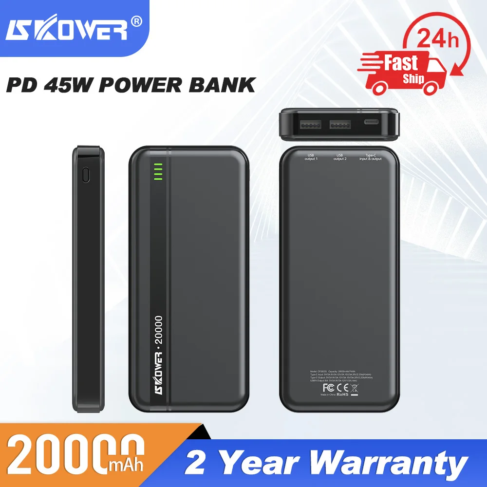 

SKOWER External Portable Laptop Rechargeable Battery Power Bank PD USB C 45W Fast Charger For Notebook Smartphone Tablet 20000mA