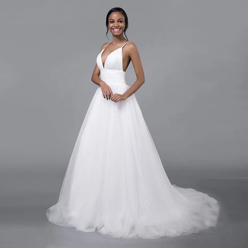 Простое свадебное платье в стиле бохо 2019 мягкое Тюлевое на бретелях-спагетти