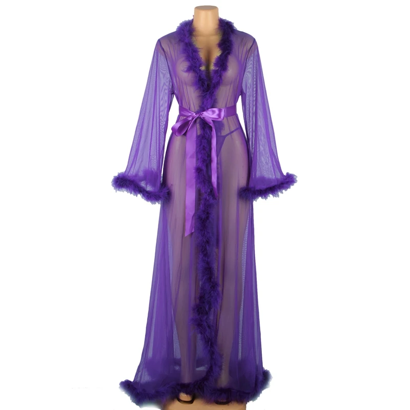 Mesh Sheer Long Kimono Robe Sexy Women Transparent Lingerie Bathrobe Erotic Nightgown Lace Plus Size Bridal Sleepwear Fur Dress