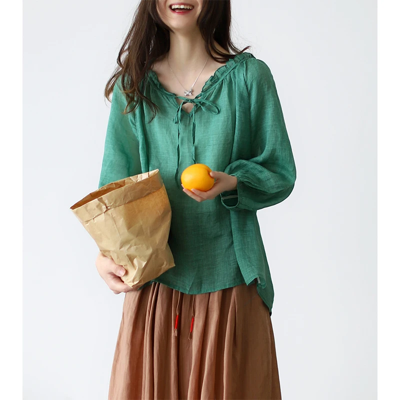 

Retro ramie ruffled V-neck tie shirt women 2021 summer new loose casual thin shirt