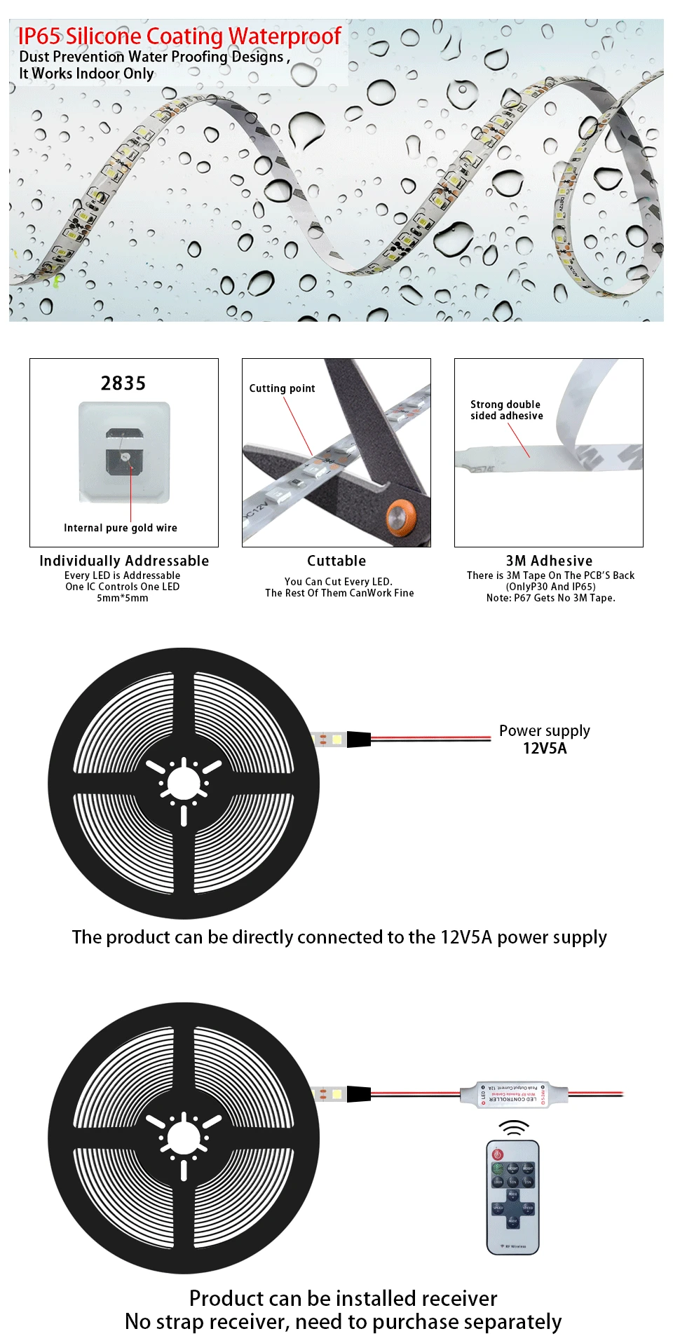12 V 120 светодиодный/m 5 м/лот 2835 Светодиодный гибкие полосы светильник белый теплый Белый и зеленый цвета, желтый, красный, синий, 2835 не обладает водонепроницаемостью: светодиодный полосы