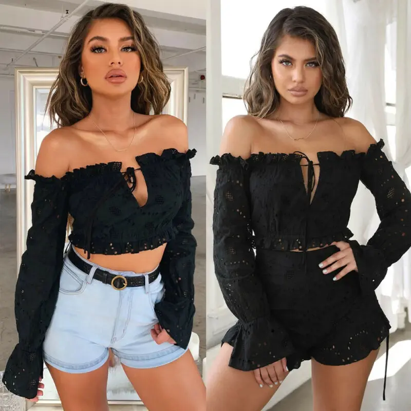 Женский короткий топ с рукавами-лепестками Однотонная футболка