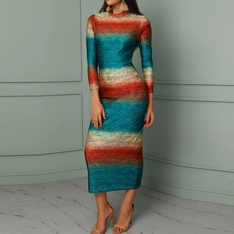 Женское сексуальное облегающее платье с высоким воротом длинным рукавом