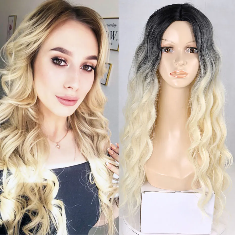 

Synthetic Long Body Wave Highlight Wigs For Women Cosplay wig Long Straight LolitaWigs Ombre Color Cheap Middle Part Wigs