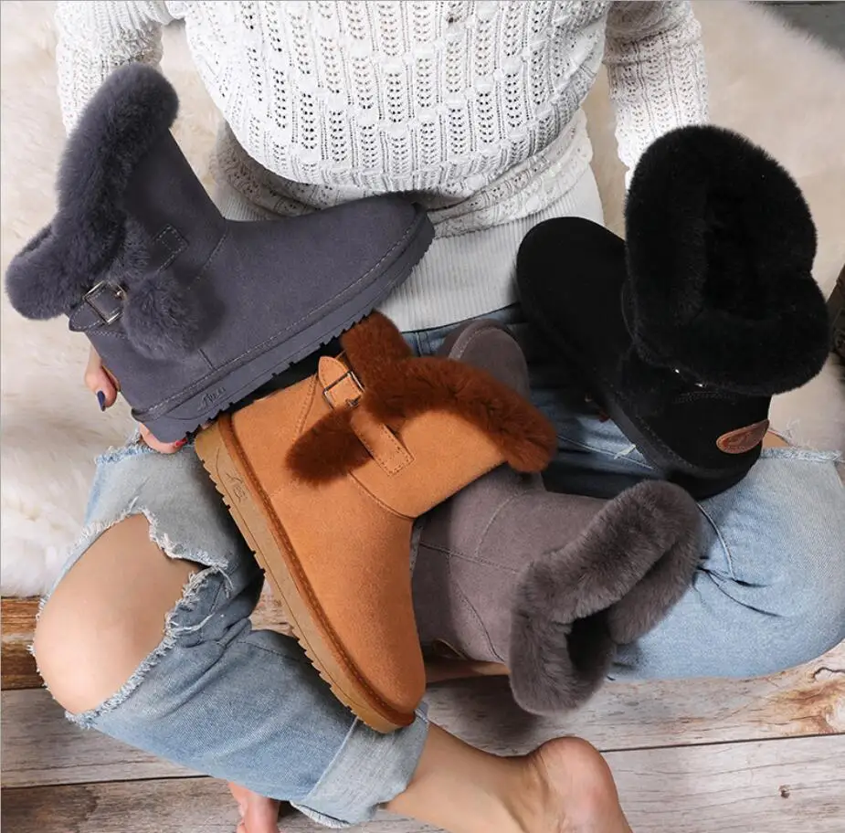 Зимние сапоги из натуральной кожи с кроличьим мехом женские ботильоны высокого