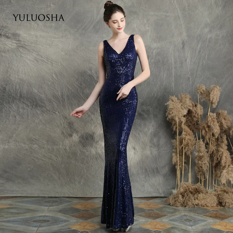 YULUOSHA Gold Formal Dress Women Elegant Backless Sequined Sleeveless Mermaid Royal Blue Vestidos De Fiesta Noche | Свадьбы и