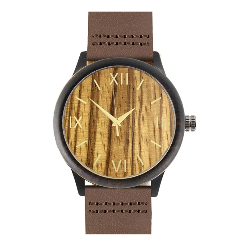 Dropshipping Casual Dress Fashion Women Water Proof Black Alloy Case Brown Strap Female Ladies Zebra Wood Wrist Watch