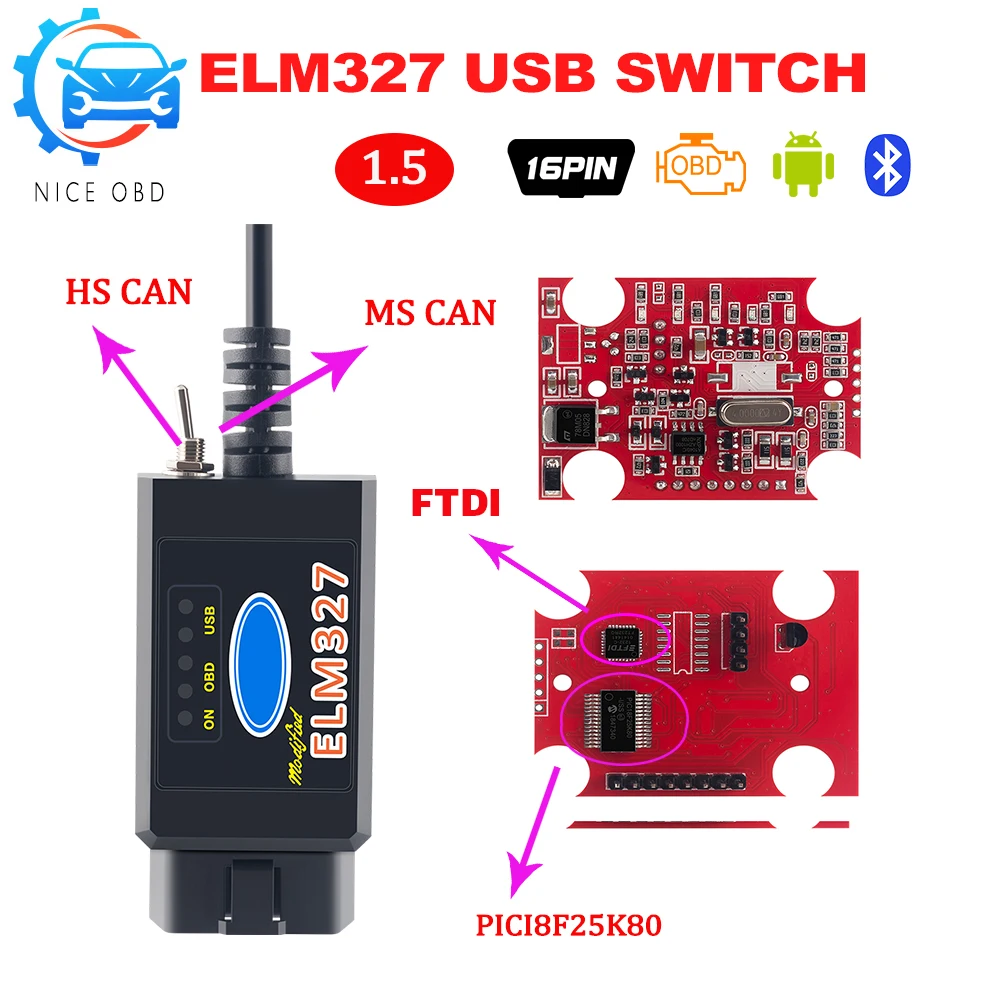 PIC1825K80 ELM327 USB V1.5 для Ford чип FTDI с переключателем HS/MS может для Forscan автомобильный диагностический инструмент& ELM327 версия Bluetooth