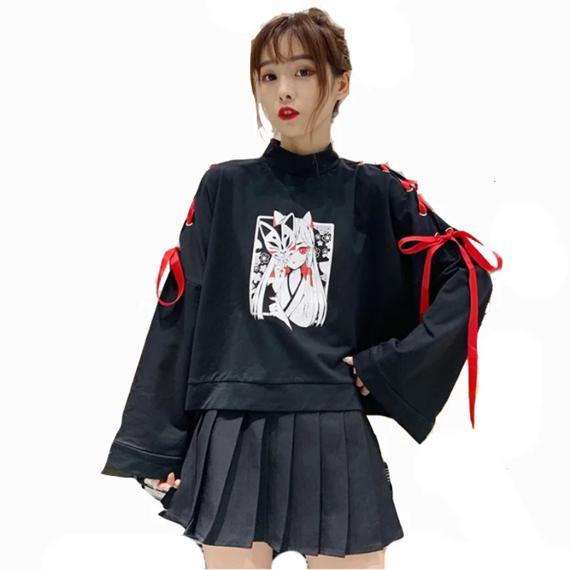 Японский мультфильм лиса девушка печати балахон Harajuku для женщин Готический ленты на шнуровке с расклешенными рукавами Kawaii плюс бархат пуловер Толстовка