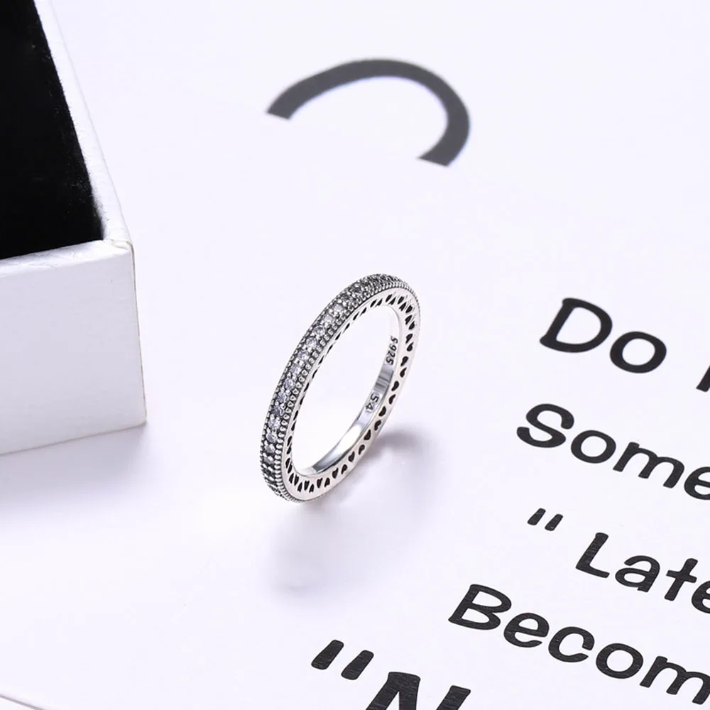 Rose/Gold/Silver Color Sterling Silver 925 Ring Hearts of Ring With Bling Zircon CZ Jewelry for Women Wedding Party Gift - Цвет основного камня: silver