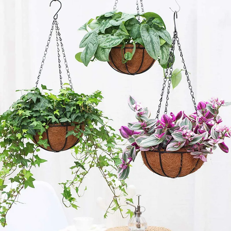 

9 Pcs Metal Hanging Flower Basket with Coco Coconut Shell Lining Decorative Outdoor Hanging Basket 10 Inch & 12 Inch