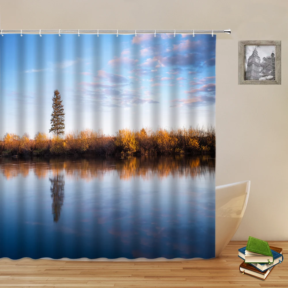 

Natural Scenery Shower Curtains Sunset glow Lake Landscape Night Starry Sky Waterproof Curtain Bathroom Decor With Hooks