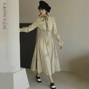 LANMREM 2021 весеннее новое платье с воротником-стойкой, рукавом-бабочкой, до середины икры, ручная работа, темпераментное платье с расклешенной талией для женщин 2A2988