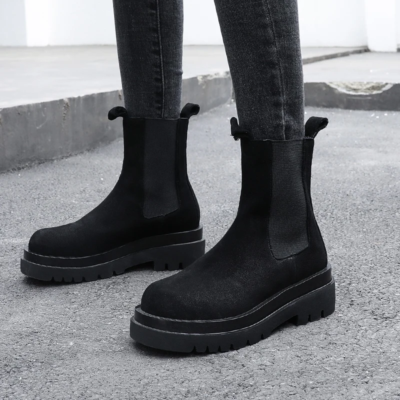 

RIZABINA Women Ankle Boots Thick Bottom Real Leather Women Short Boots Fashion Cool Winter Shoes Women Footwear Size 34-39