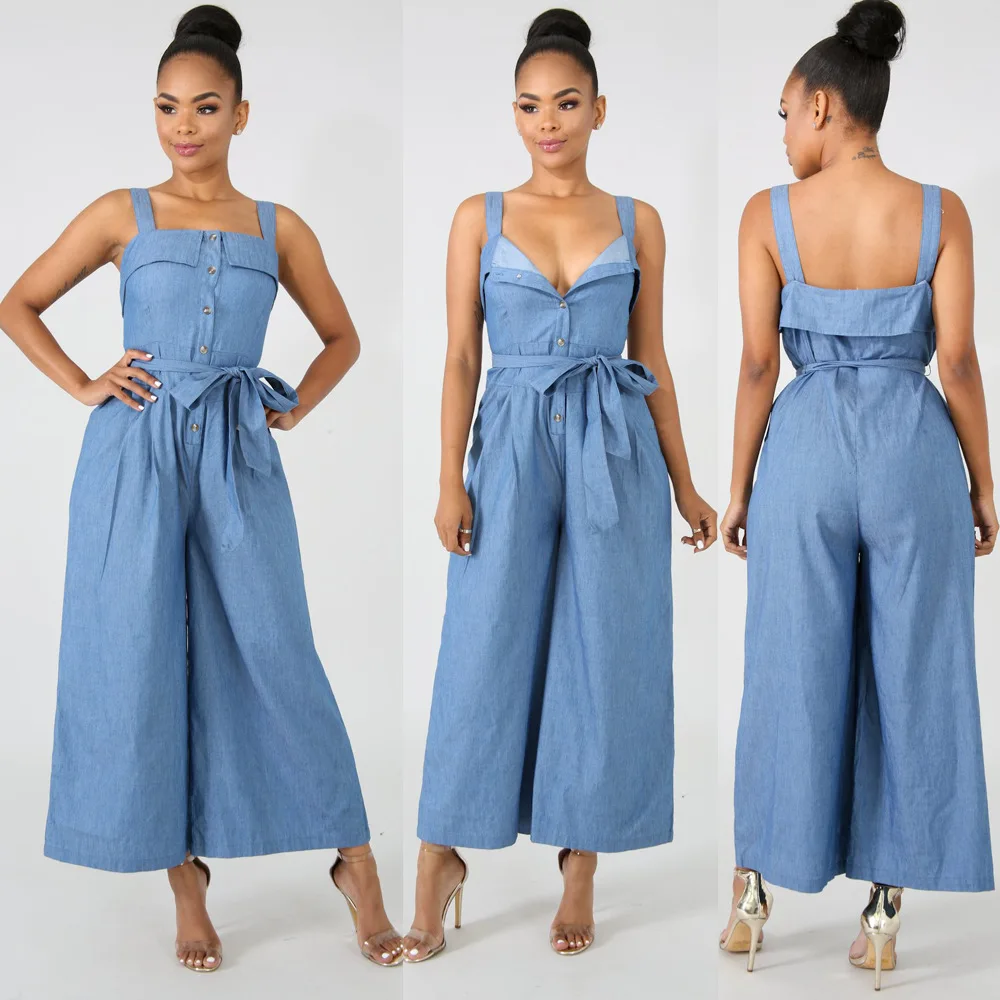 

Sexy Women's Sling Low-Cut Ruffled Wide-Leg Jumpsuit