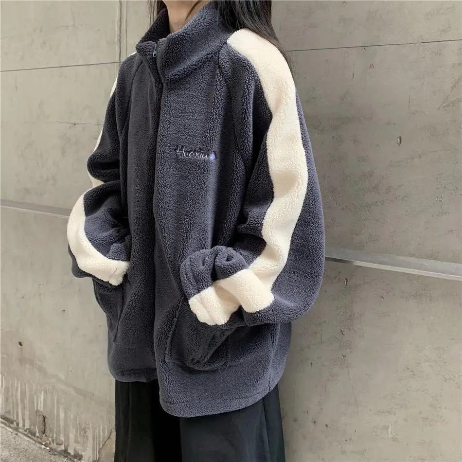 

Harajuku Oversized Sweatshirt Korean Version 2021 New Lamb Fluff Sports Wind Loose Stand-up Collar Baseball Uniform Jacket Women