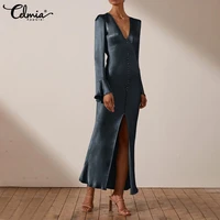 celmia buttons women maxi dress party flare sleeve 2021 autumn elegant split vestidos satin vintage sexy v neck silk long robe