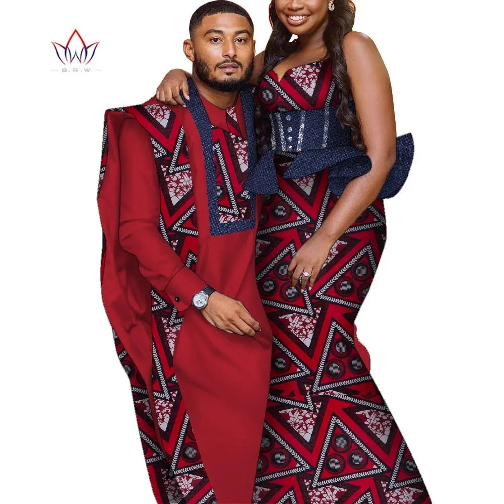 

Bintarealwax Africa Style Couples Clothing Bazin Long Women Dress & Mens Robe set Dashiki Plus Size Wedding Clothing WYQ841