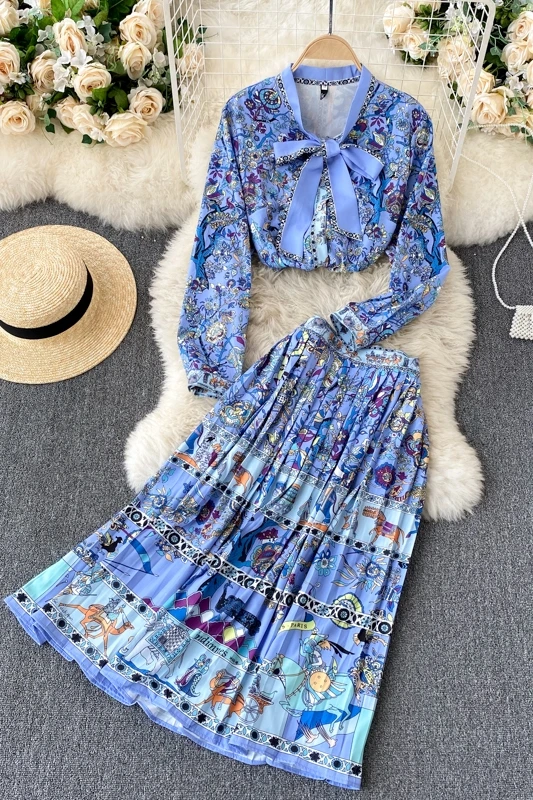 

Ladies style temperament suit ladies blouse retro palace style printing heavy industry pleated skirt fashionable two-piece suit